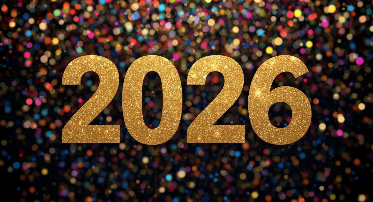 Een afbeelding met in grote letters het jaartal 2026 feestelijk voor een uitnodiging voor de nieuwja
