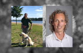 Fotocollage Willemijn Kloosterman met geleidehond en een portret van Twan Emonts-Schumer